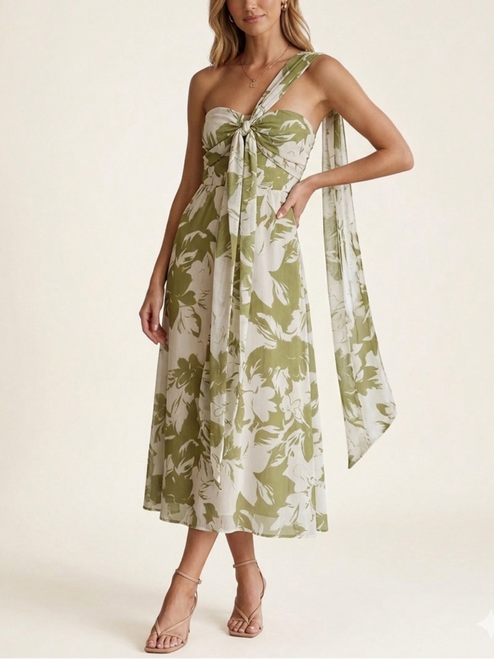 MISA Los Angeles Strapless Smocked Midi Dress Green White Botanical Print XS New